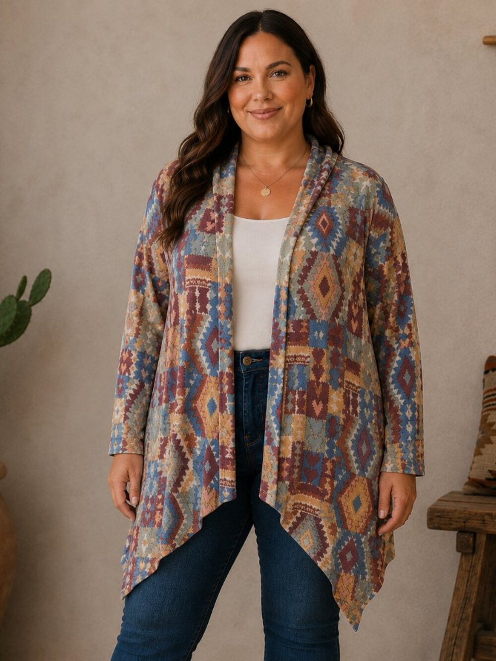 Savanna Jane Womens Hooded Cardigan Size 1X Southwestern Aztec Boho Open Front